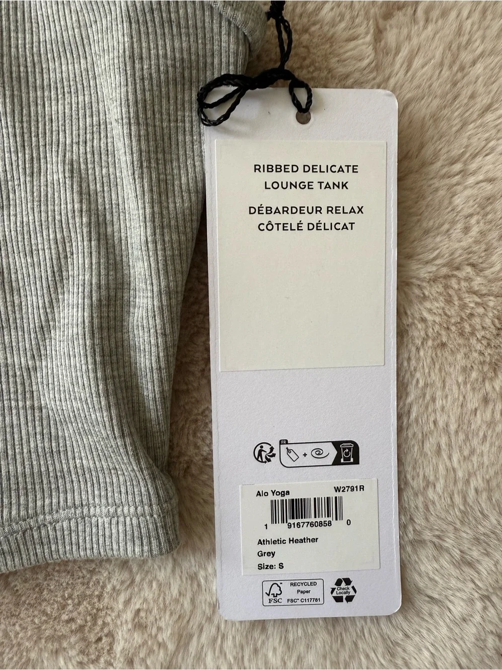 NWT ALO Ribbed Delicate Lounge Tank Athletic Heather Grey Size S